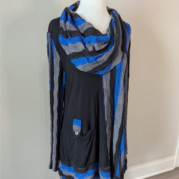 Ali Miles Blue Gray Striped Tunic Size Large Asymmetrical Cowl Neck Pocket - Picture 2 of 11